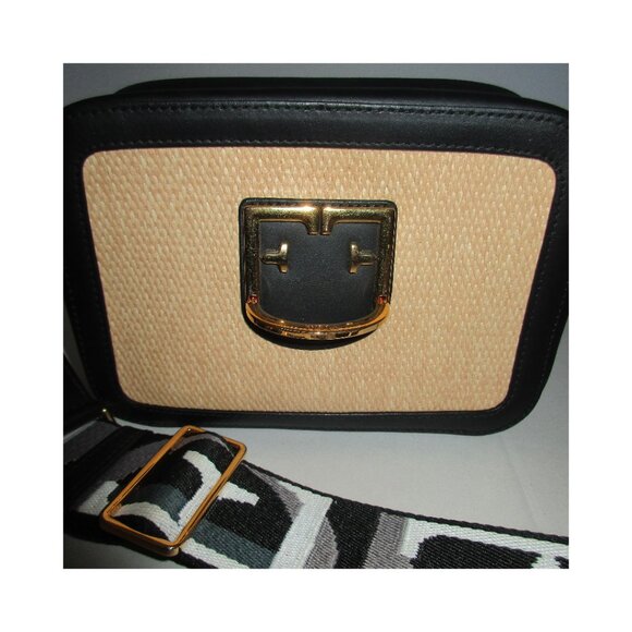 Furla Brava Mini Straw & Black Leather Summer Crossbody Shoulder Bag NWOT - Picture 3 of 11